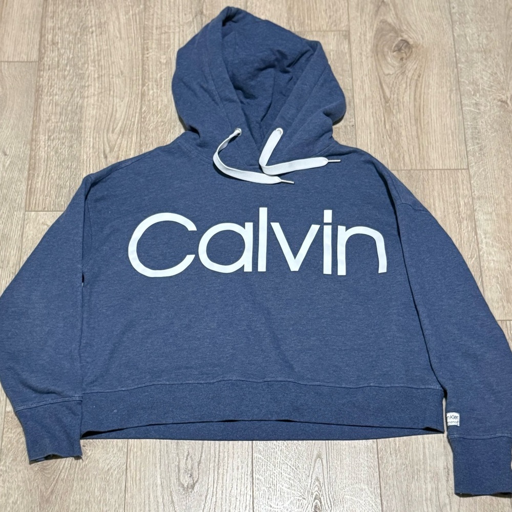 Calvin Klein Cropped Hoodie Blue Logo Size M - Picture 3 of 8